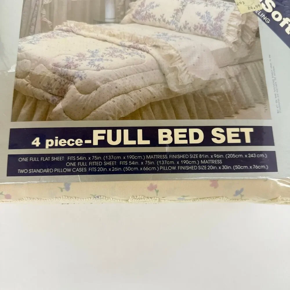 Vintage Marlborough Floral Full Sheet Set Lace Ruffle Combed-Soft 4 Pc NOS USA